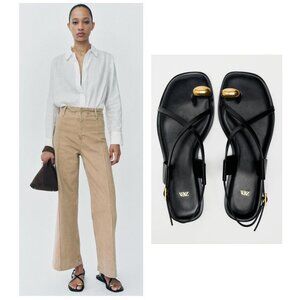 Zara Flat Strappy Sandals with Metal Ornament - NEW